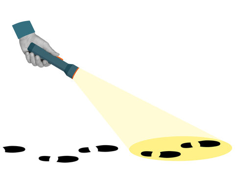 A hand holds a flashlight, directing the beam of light onto a chain of human footprints. Modern collage style. Illustration on a transparent background