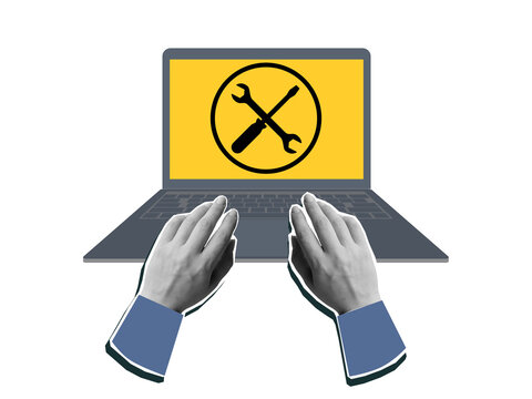 Hands resting on a laptop keyboard with a service icon on the screen - a crossed screwdriver and wrench. Modern collage style. Illustration on a transparent background