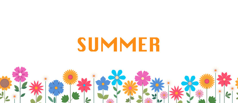 Horizontal banner decorated with a simple blooming flowers and leaves with a text Hello Summer. Spring floral backdrop. Flat Illustration on a transparent background
