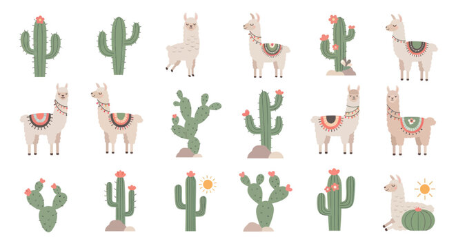 Cute Llamas and Cacti Collection: Vector Illustrations for Festive Designs