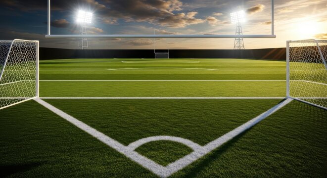 An empty soccer field corner view with bright stadium lights shining down on the green grass