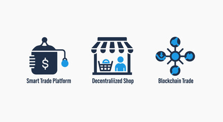 Obraz premium Set of digital trade and blockchain technology icons featuring smart trade platform decentralized shop and global blockchain trade network symbols for modern financial business applications, platform