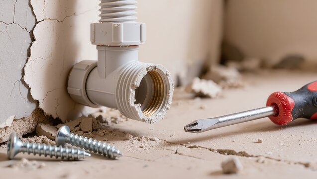 Close up of plastic water pipe T-joint connector, screwdriver and screws on floor, representing plumbing repair, home renovation, installation work and DIY maintenance