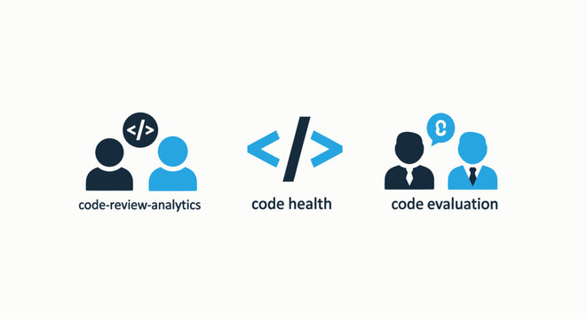 Software development icons for code review quality assurance health checks and professional evaluation processes within a programming team for high quality script maintenance with evaluation, software