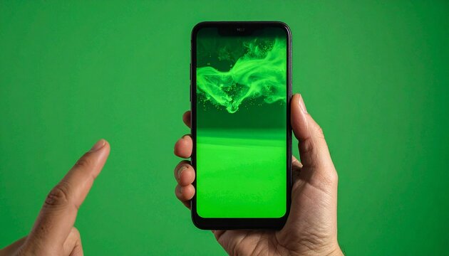 Hands Holding Smartphone with Vibrant Green Display on Solid Green Background