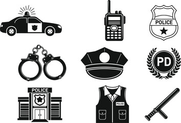 Police and Law Enforcement Icons, Police Car, Handcuffs, Radio, Badge, Uniform, Police Department © NR