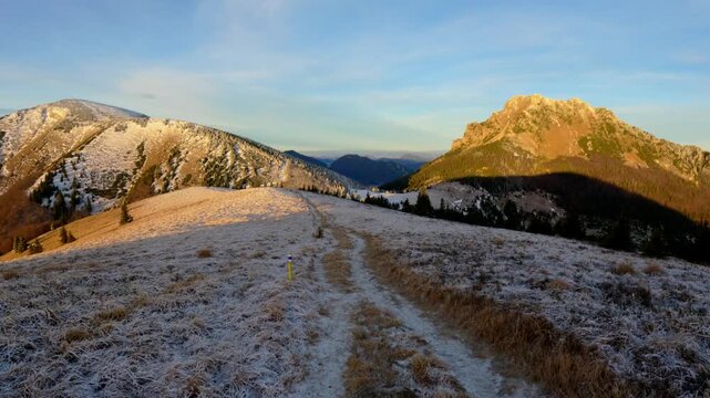 Hiking Trail POV Motion in Mountains at Sunrise or Sunset