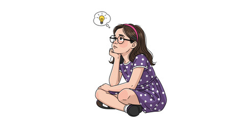 A young girl with glasses sitting cross-legged, thinking deeply with a lightbulb idea bubble above her head on a white background.