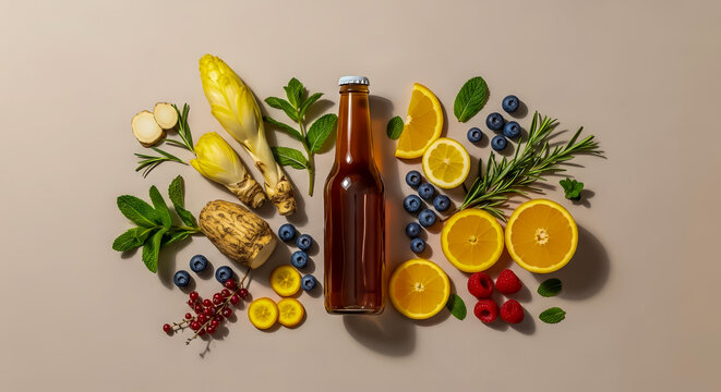 Prebiotic Soda Ingredients Flat Lay with Chicory Root and Natural Herbs for Gut Health Drink