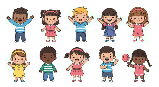 A diverse group of ten happy cartoon children of various ethnicities and genders, waving and smiling, depicted in a colorful, flat illustration style.