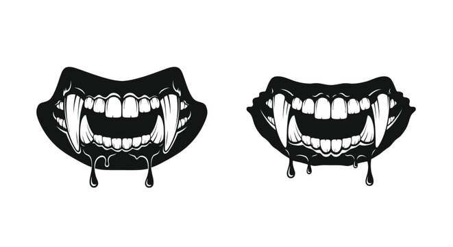 Two menacing vampire mouths with dripping fangs on transparent background silhouette