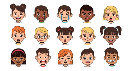 A diverse collection of cartoon children's faces displaying a wide range of emotions and expressions.