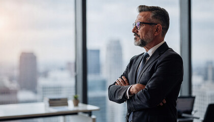 Naklejka premium Confident businessman in tailored suit with arms crossed, exuding leadership and foresight, stands by large office window looking out at cityscape at sunset