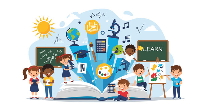 A vibrant illustration depicting children engaged in various educational activities, surrounded by symbols of learning and creativity, emerging from an open book.