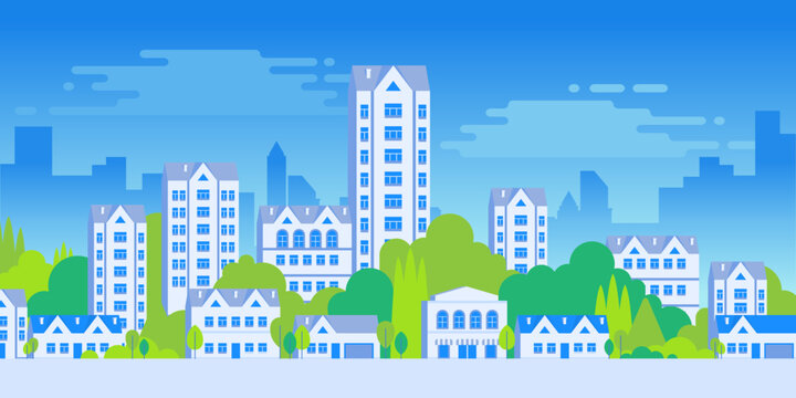 Modern city panorama with residential buildings, houses and green trees under blue sky. Flat style urban landscape illustration peaceful suburban skyline and contemporary architecture.