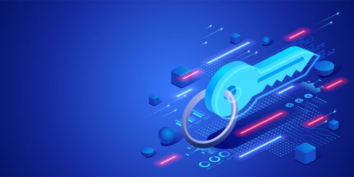 Cyber security and data protection concept with digital key and futuristic network interface. Isometric neon illustration secure access, encryption technology and business information safety.