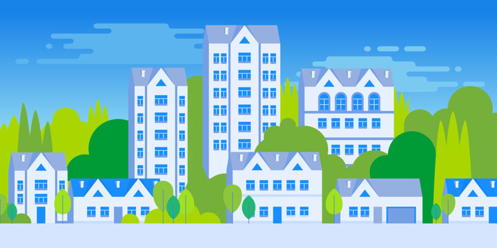 Colorful cityscape panorama with modern apartment buildings, houses and green park areas. Flat design urban illustration residential district, city living and contemporary architecture