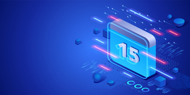 Digital meeting reminder concept with calendar interface and notification technology. Isometric neon illustration scheduling, productivity tools, time planning and modern business workflow.