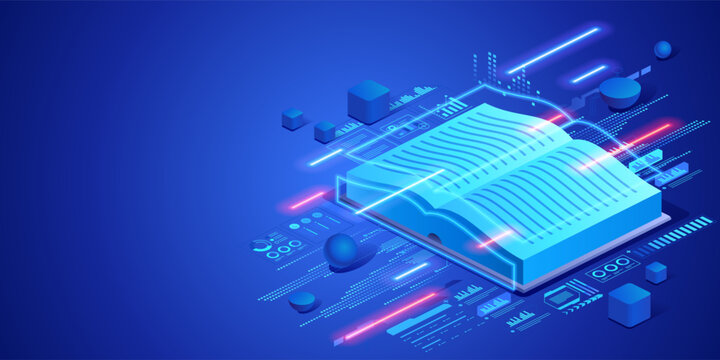 Futuristic higher education concept with digital book and data interface. Isometric neon illustration online learning, knowledge access, academic technology and modern education systems.