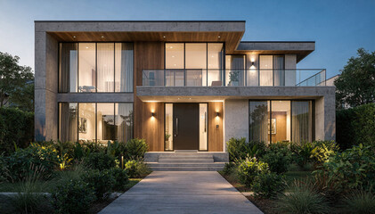 Fototapeta premium Stunning contemporary home exterior with bright windows, elegant outdoor lighting, lush green landscaping, and modern architectural design at twilight