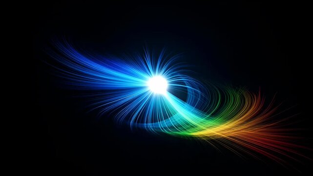 Abstract light trail spiral on black background with bright white core and glowing neon loop, blue green rainbow colorful motion design for SEO friendly searchable video title