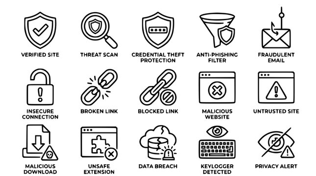Cybersecurity vector icons for online safety and protection services