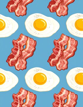 A repeating pattern of fried eggs and bacon strips on blue background