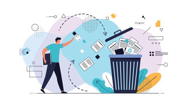 Man throwing away unnecessary documents and papers into a trash bin symbolizing office cleanup and data disposal.