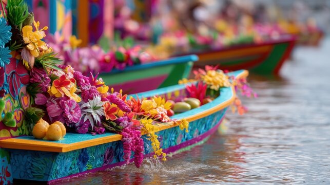 Colorful trajinera boat adorned with vibrant flowers on water. Traditional Mexican wooden vessel used for tourism in Xochimilco. Cultural landmark and festive travel destination concept.