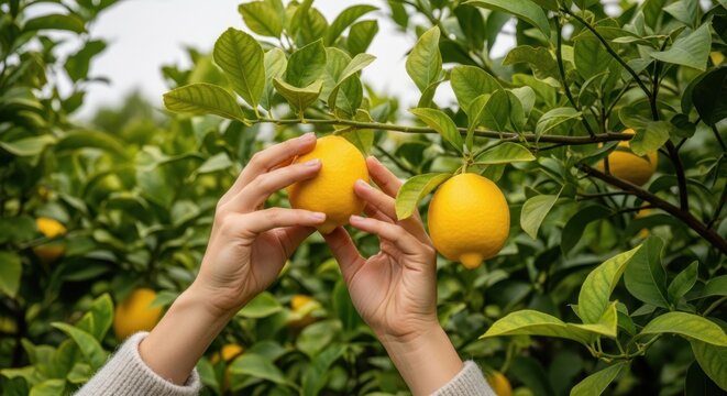 Hands picking a fresh ripe yellow lemon from a lush green citrus tree in an orchard