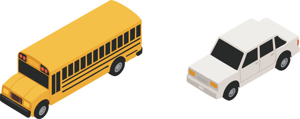 Isometric school bus and car set, urban transport vehicles, modern vector illustration isolated design © Al