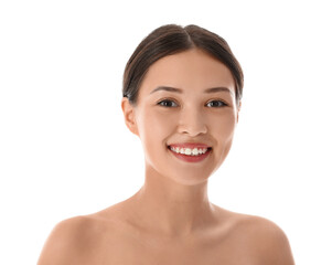 Obraz premium Beautiful Asian woman on white background, closeup
