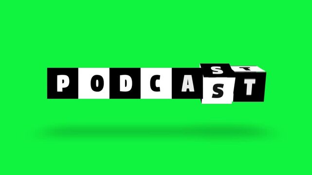 Podcast text word block turning black white letter cube spin slow motion animation. green background. 3D. 3D rendering, Stamp or Seal neon glow with shadow intro outro signs isolated on alpha channel