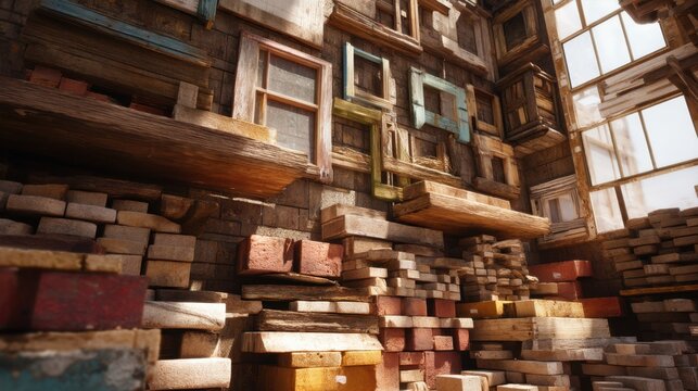 Old wooden window frame stacked on brick wall inside rustic barn. Collection of abandoned timber material and vintage casement for restoration project. Interior artisan workshop background.