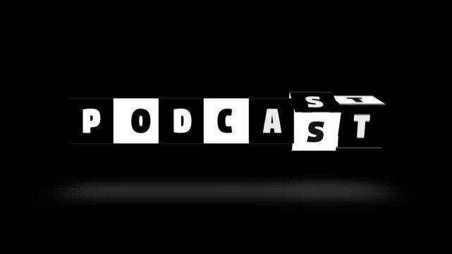 Podcast text word block turning black white letter cube spin slow motion animation. black background. 3D. 3D rendering, Stamp or Seal neon glow with shadow intro outro signs isolated on alpha channel