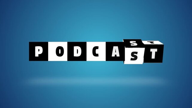 Podcast text word block turning black white letter cube spin slow motion animation. blue background. 3D. 3D rendering, Stamp or Seal neon glow with shadow intro outro signs isolated on alpha channel