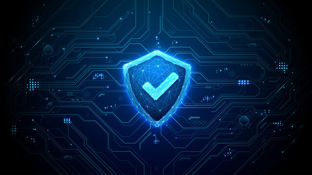 Digital shield icon with cyber lock elements protects data networks. Modern cybersecurity concepts feature blue tech patterns and secure system defense for online privacy