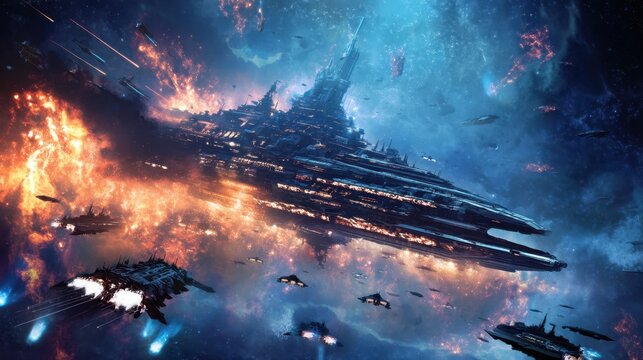 Spaceship fleet in massive space battle. Futuristic sci-fi armada engaged in interstellar war. Galaxy nebula background with laser fire and explosion. Galaxy conflict concept imagery.