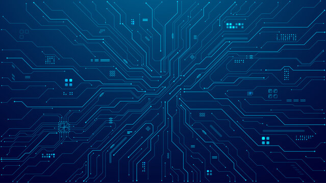 Abstract AI tech background with blue circuit line pattern forming a structured data network. Clean cyber board texture with symmetrical layout. Digital electronics and modern semiconductor systems