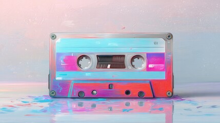 Fototapeta premium Retro audio cassette tape with vibrant pink and blue colors. Artistic illustration of magnetic music storage media. Nostalgic 1980s music culture and vintage sound recording technology concept.