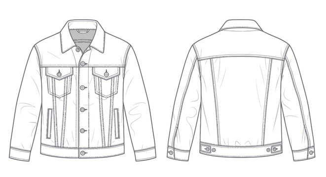 Denim jacket technical sketch front and back view vector illustration