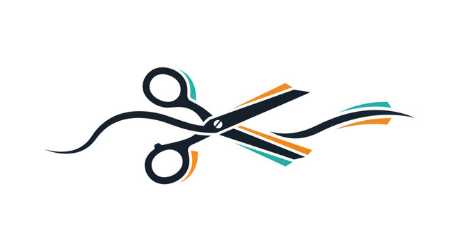 Graphic illustration of a pair of scissors cutting a ribbon for a grand opening ceremony.