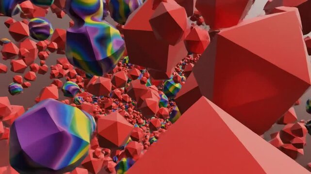 Abstract red polyhedra cascade with rainbow-colored geometric shapes and motion, digital animation