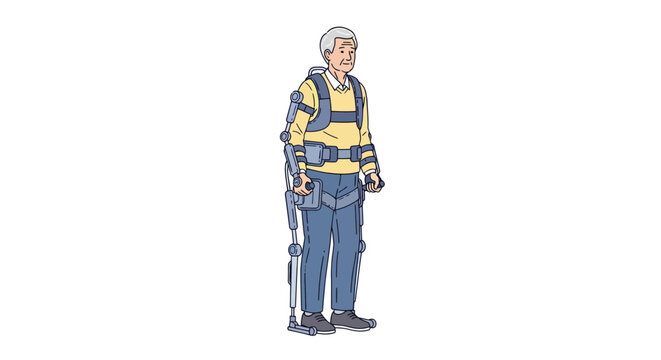 Elderly man in exoskeleton suit on white background.
