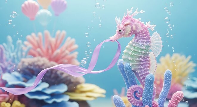 A pink seahorse with a purple ribbon in its mouth surrounded by colorful coral and sea anemones underwater