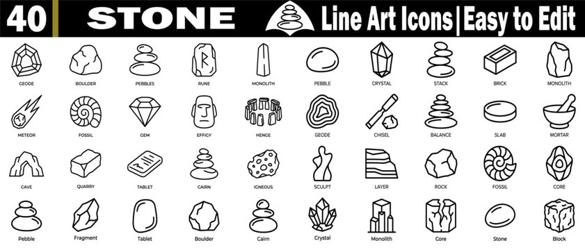 Set of 40 stone line art icons. Representing various geological and cultural elements, easy to edit and scale for different design needs, vector illustration.