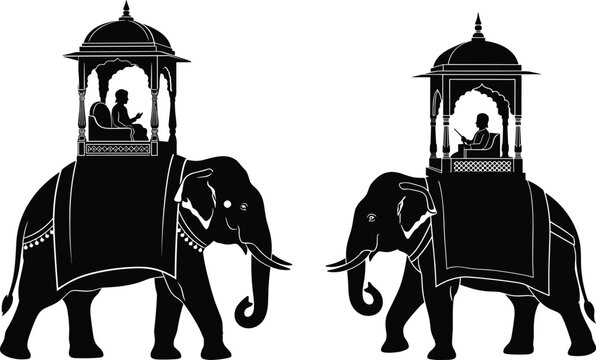 Silhouette elephants with ornate howdahs carrying riders, traditional vector illustration depicting cultural procession, royal ceremony, and historical South Asian design elements