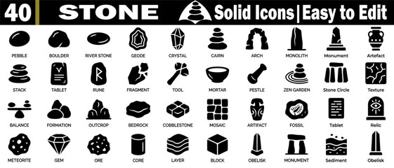40 solid black stone icons. Covering geological elements, architectural shapes, and tools for diverse graphic design projects, vector illustration. © Logo Solution