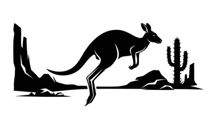 Fototapeta premium Kangaroo Leaping in Silhouette in Australian Desert Landscape with Cactus