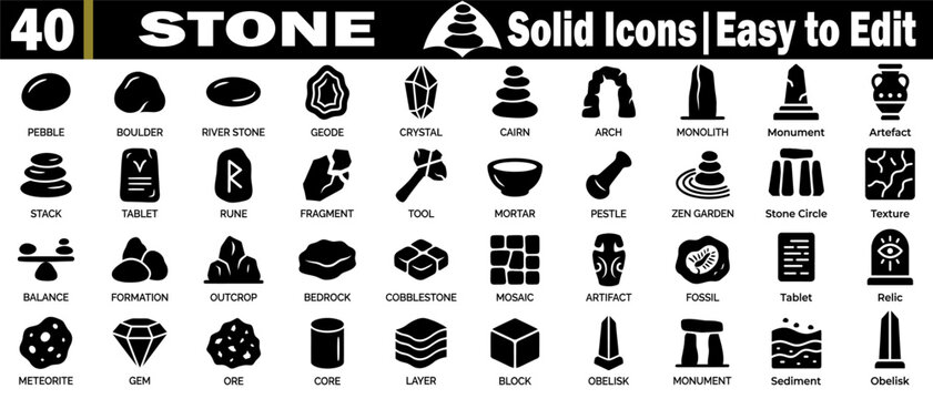 40 solid black stone icons. Covering geological elements, architectural shapes, and tools for diverse graphic design projects, vector illustration.